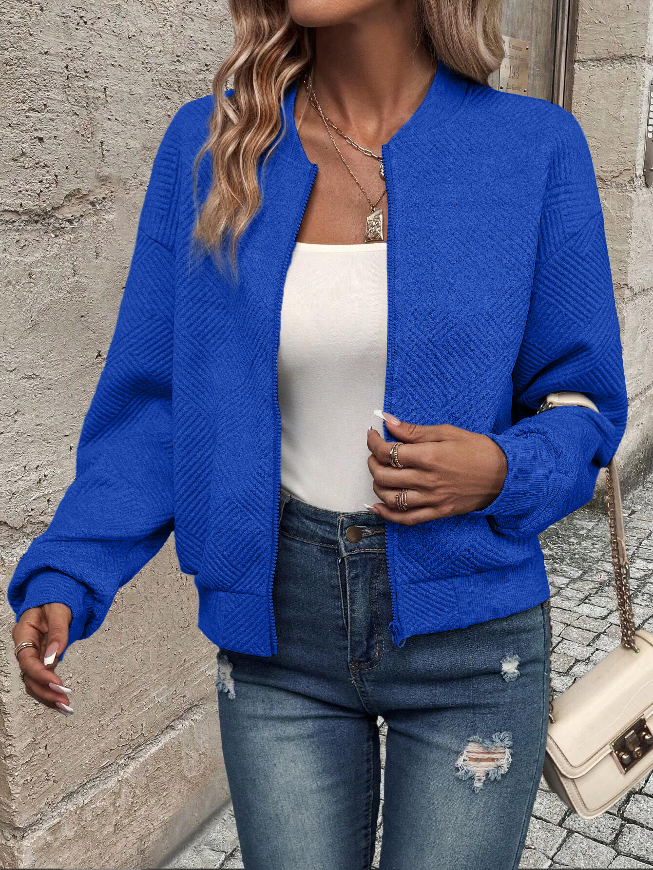 Women's Solid Zip-Up Bomber Jacket Crew Neck Windproof Casual