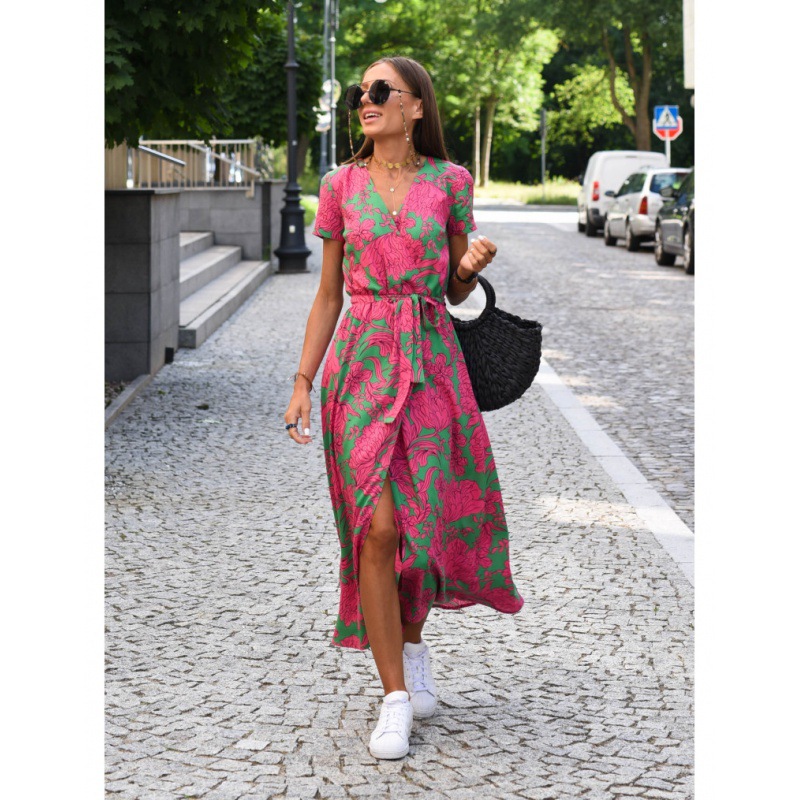 V-Neck Floral Tie-Waist Midi Dress with Flutter Sleeves