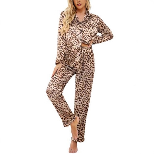 Women's Cuban Collar Leopard Print Long Sleeve Shirt Set