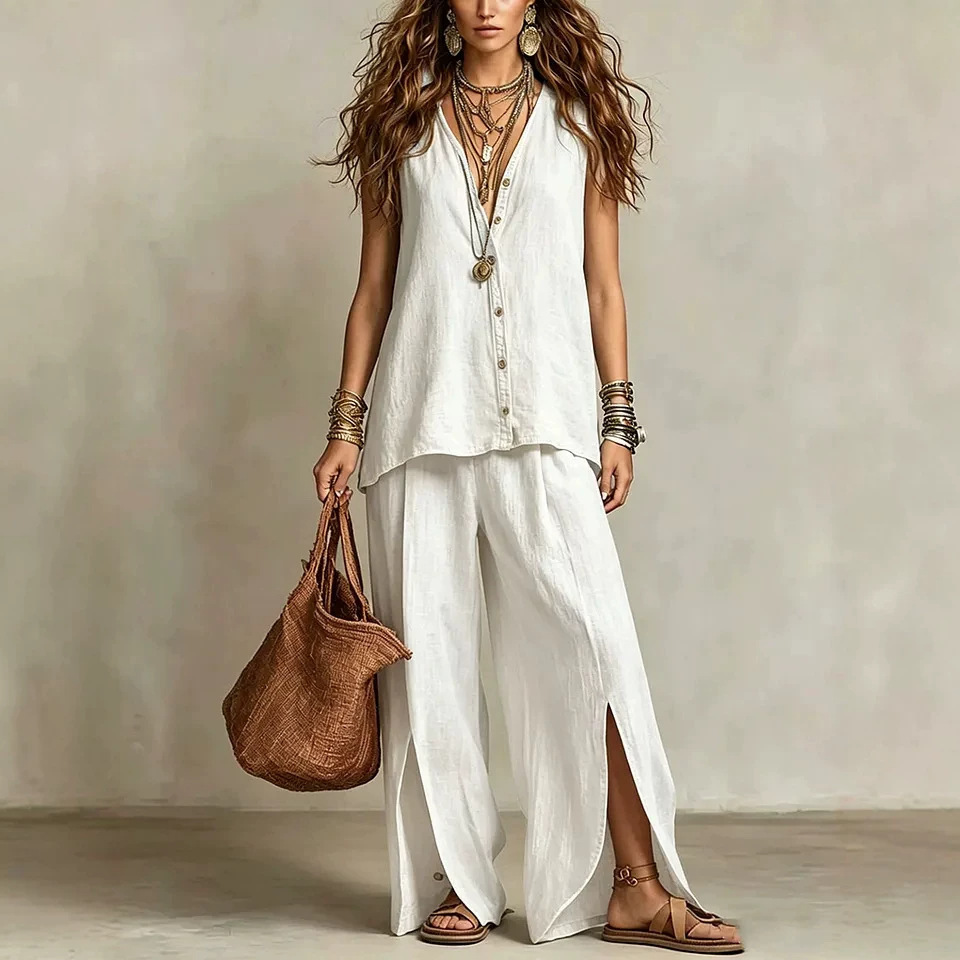 Women's Sleeveless V-Neck Button Lounge Set Casual Beach Two-Piece
