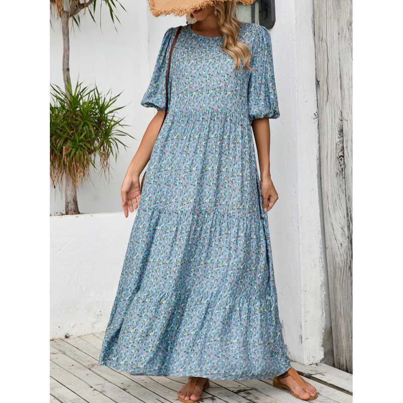 Floral Print Loose Round Neck Midi Dress Plus Size Vintage Casual