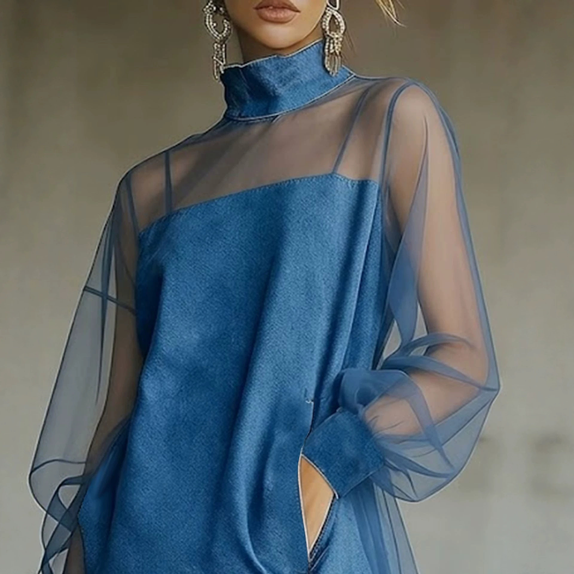 Women's Sheer Mesh Long Sleeve Mini Dress Solid Color