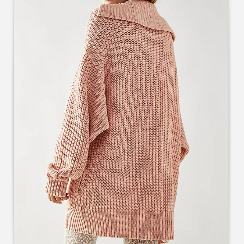 Women's Solid Color Lapel Collar Button-Down Midi Knit Cardigan with Pockets