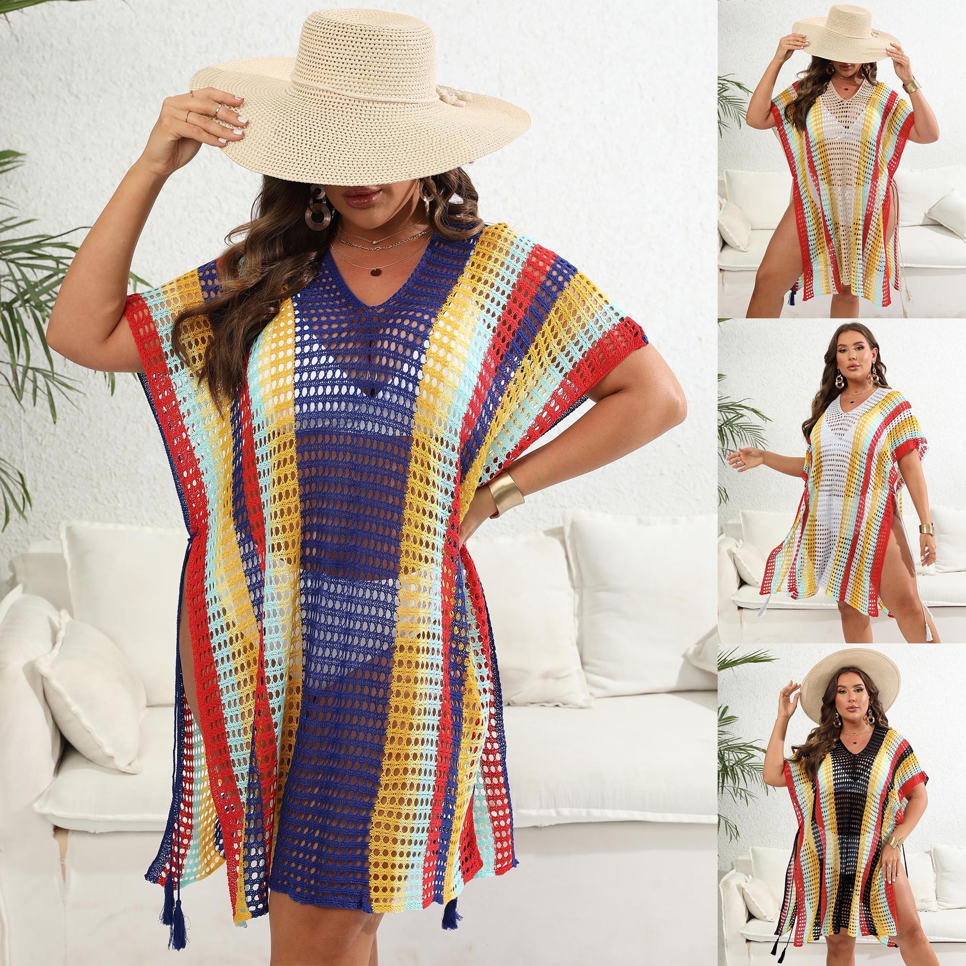Women's Plus Size Colorblock Cutout Beach Bikini Cover-Up Tie Dress