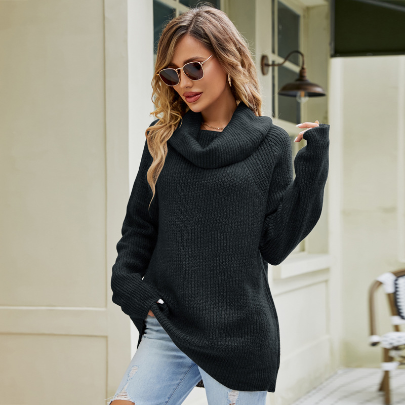 Women's Mid-Length Loose Knit Sweater Solid Color Turn-Down Collar Pullover