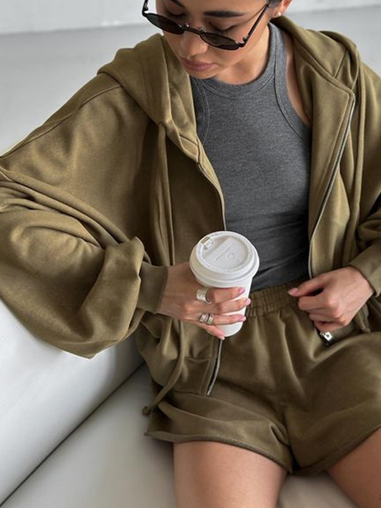 Women's Solid Color Long Sleeve Hooded Drawstring Sweatshirt and Shorts Set
