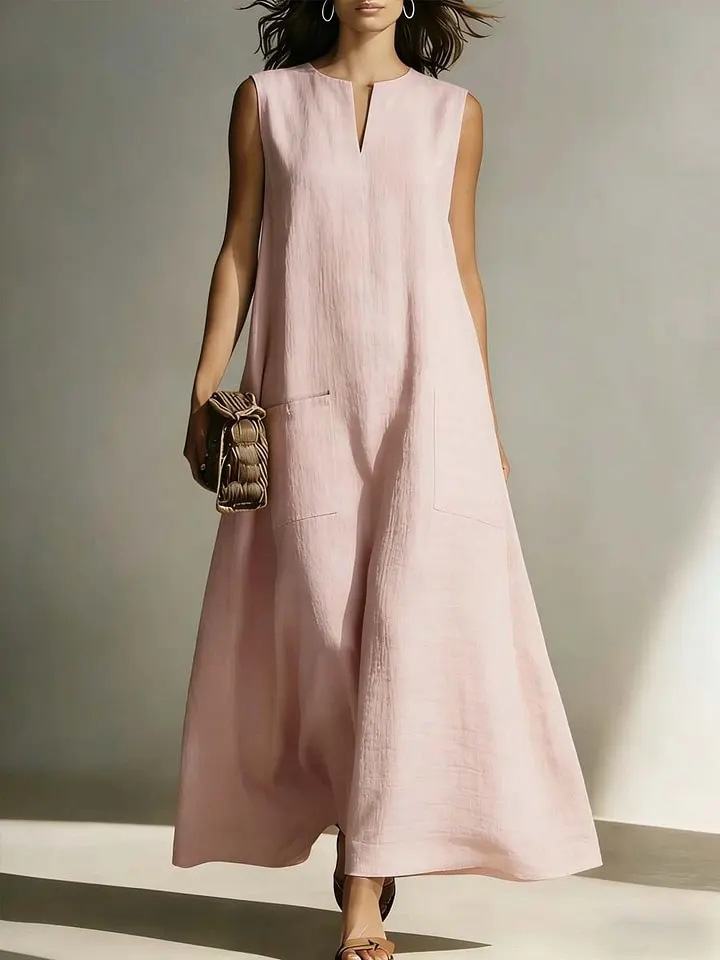 Women's Sleeveless Cotton-Like Linen A-Line Midi Dress