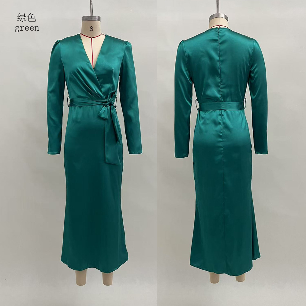 Women's Slim Fit V-Neck High Waist Tie Long Dress