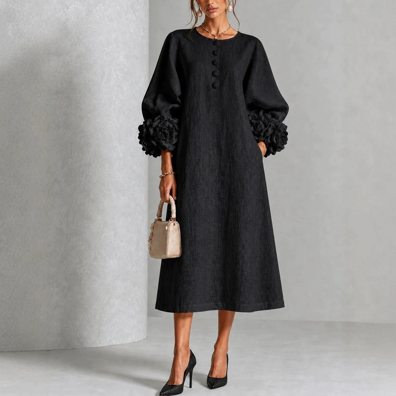 Women's Loose Round Neck Lantern Sleeve Floral Midi Dress