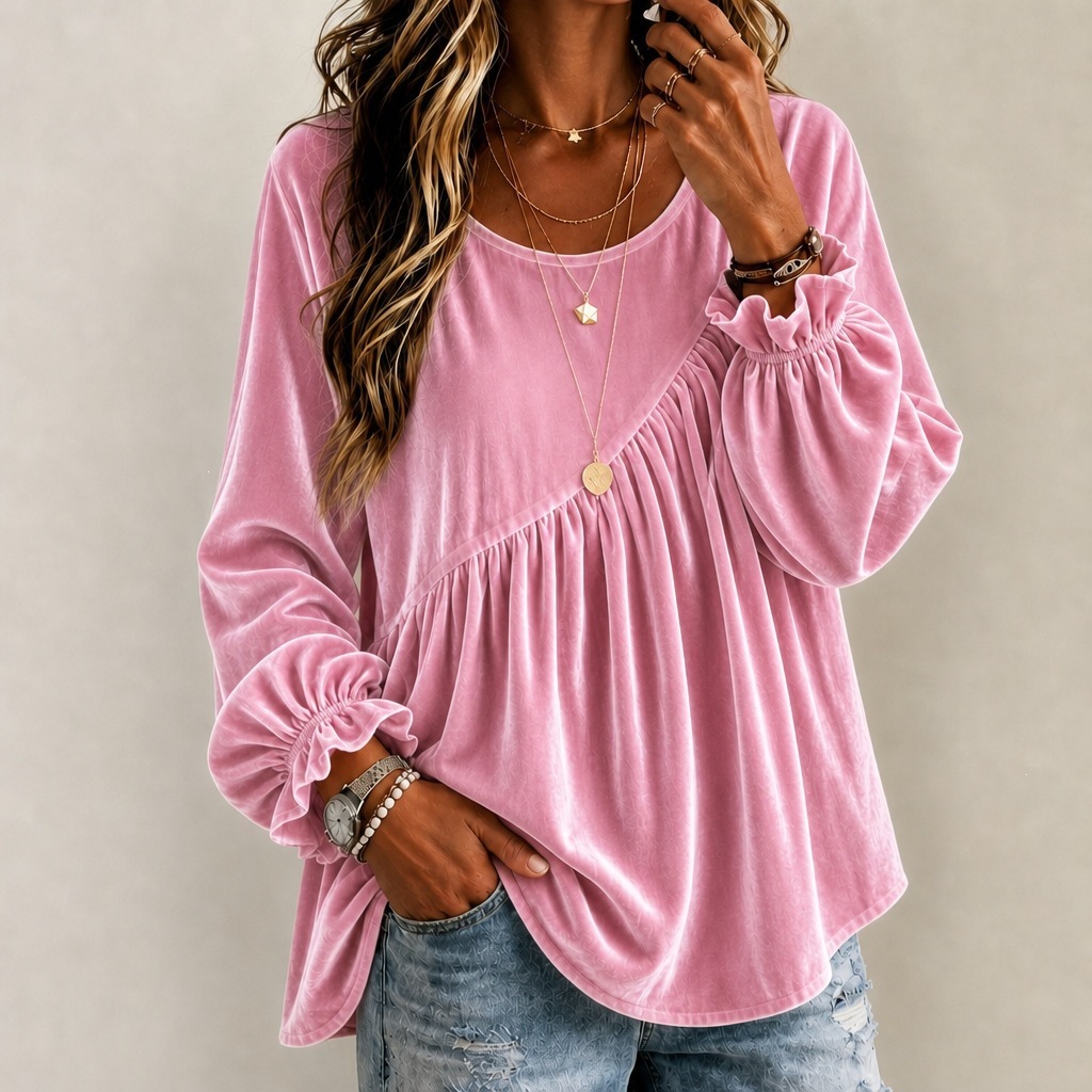 Boho Women's Sheer Blouse with Diagonal Seam Ruching and Loose Long Sleeves