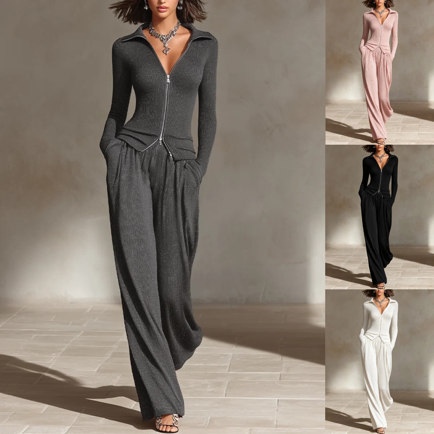 Women's Collared Double-Zip Knit Fitted Top and Wide-Leg Pants Set