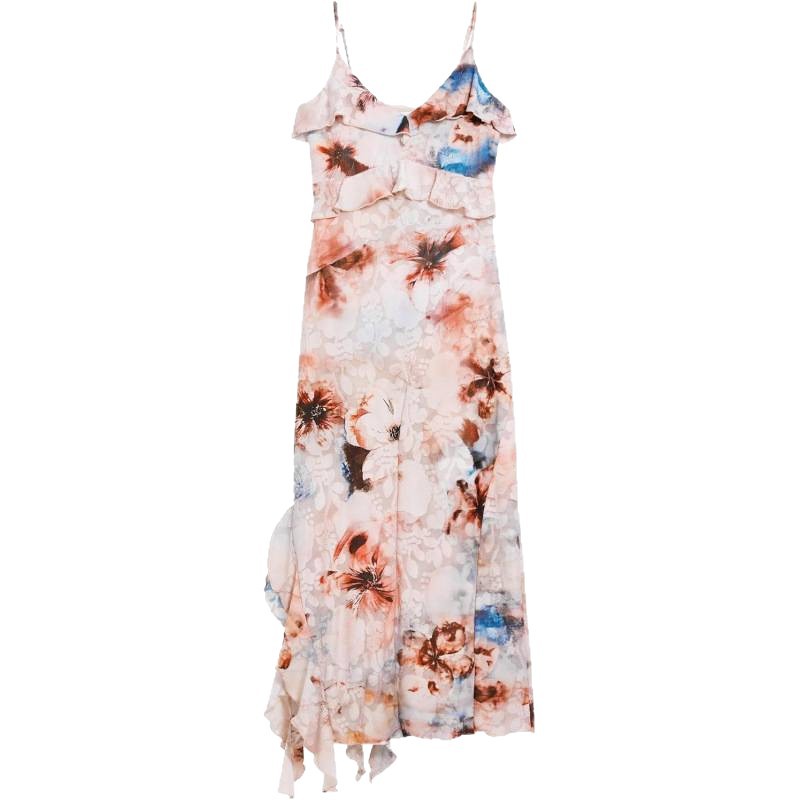 Pink Sleeveless Midi Dress with One-Shoulder Neckline and Asymmetrical Hem