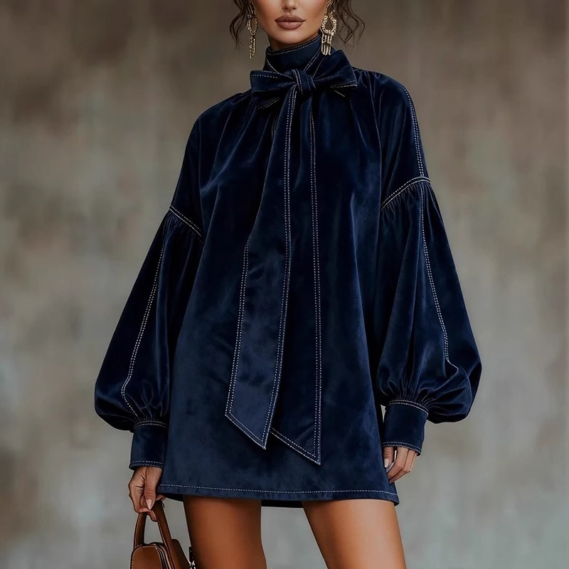 Velvet Long Sleeve Bow Short Dress