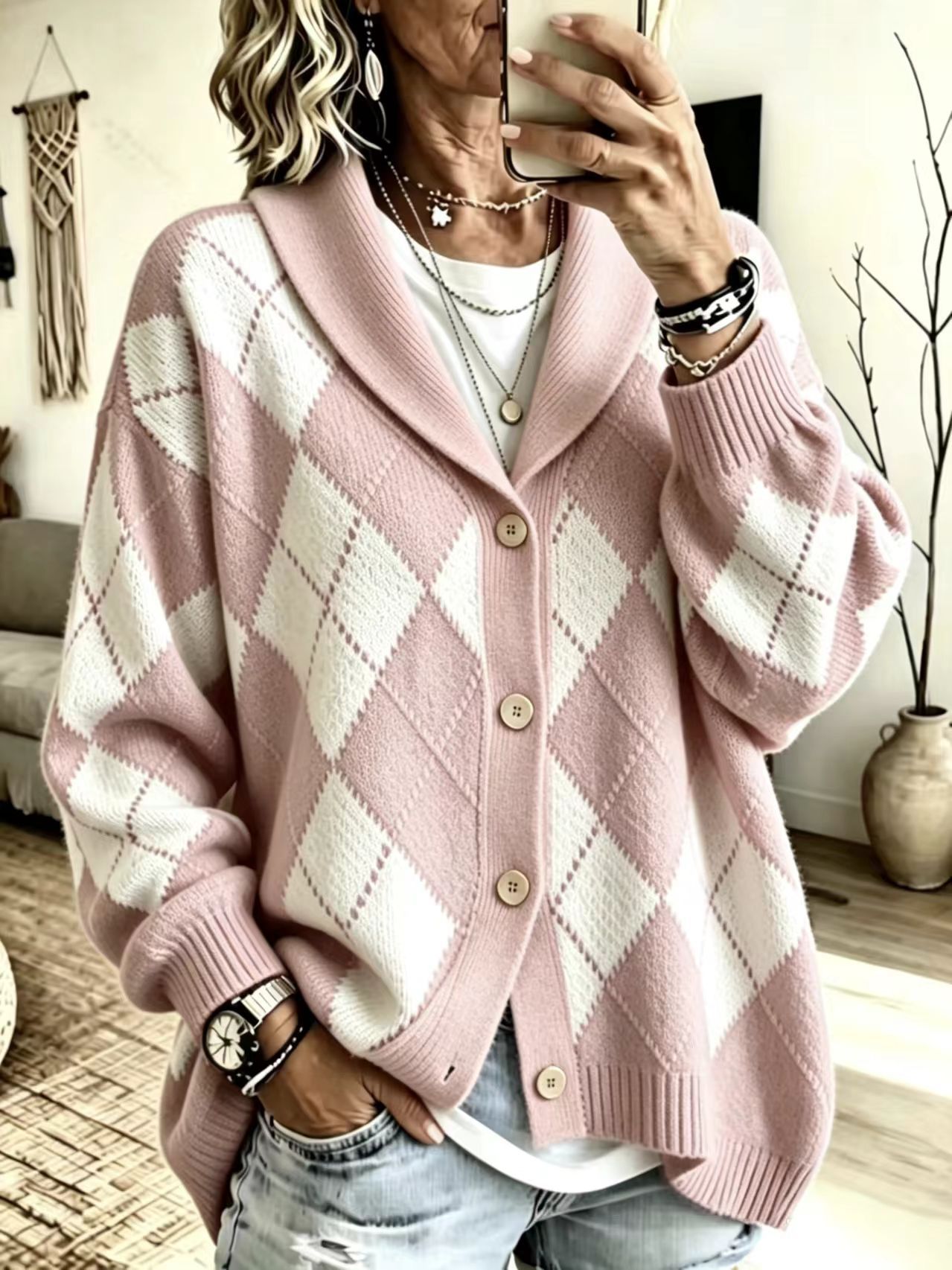 Diamond Plaid Button-Front Cardigan Sweater with Suit Collar