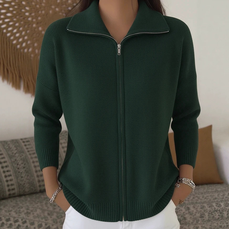 Women's Zip-Up Knit Cardigan Sweater with Collar, Solid Color Casual