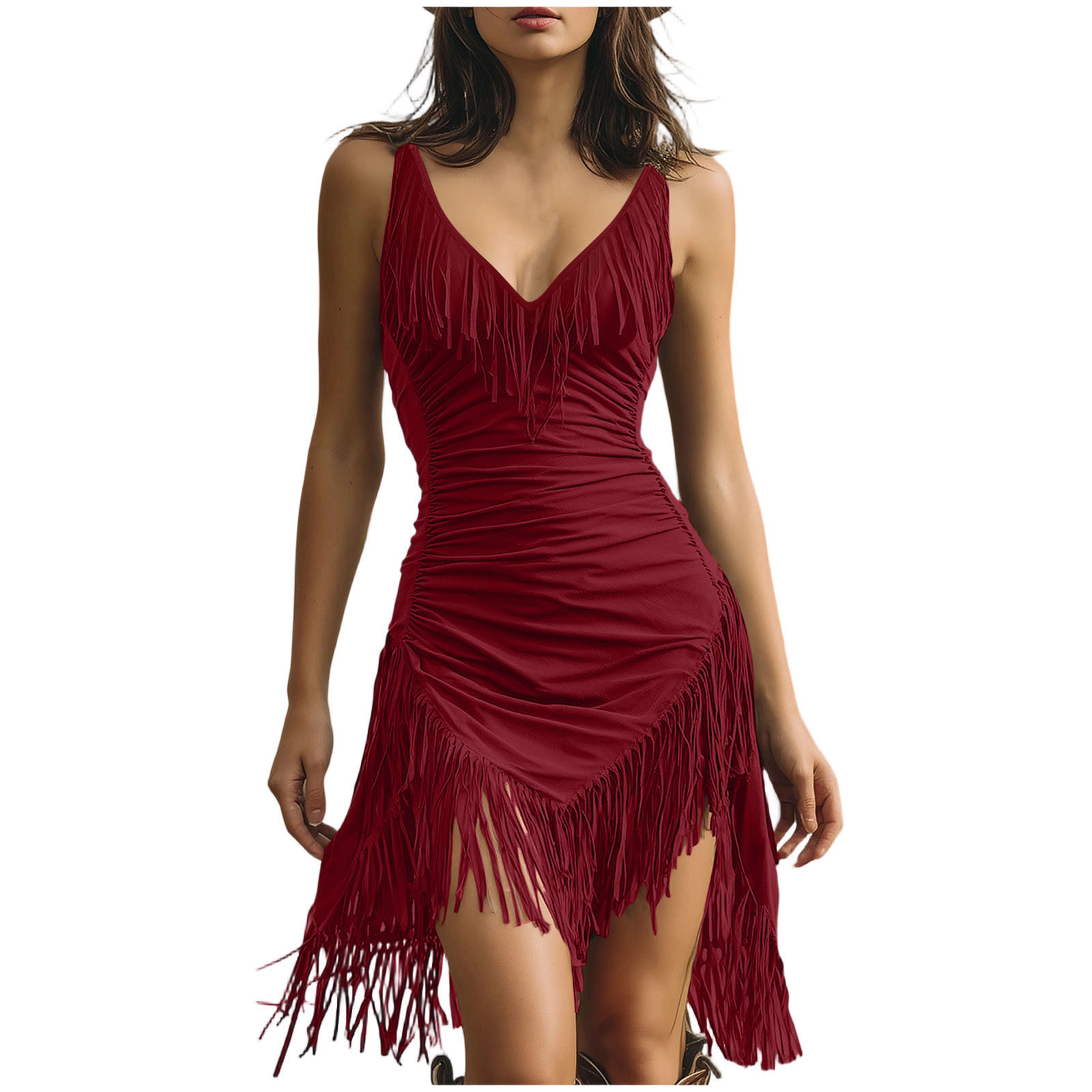 Suede Deep V Fringe Bodycon Midi Dress