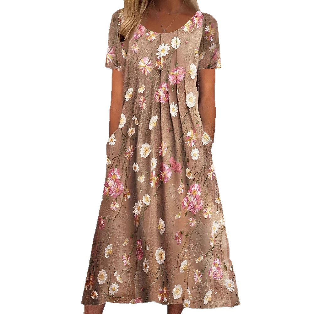 Women's Floral Round Neck Short Sleeve Pocket Dress