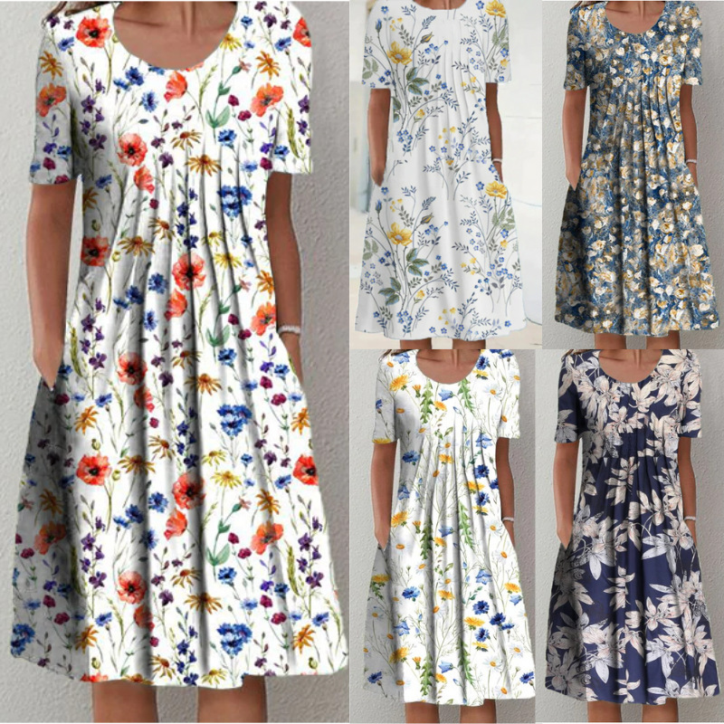 Women's Plus Size Floral Print Short Sleeve Round Neck Maxi Dress