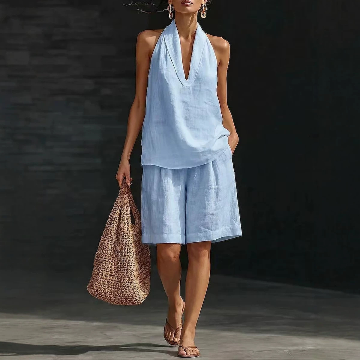 Women's Summer Halter Vest Set with Solid Color Print