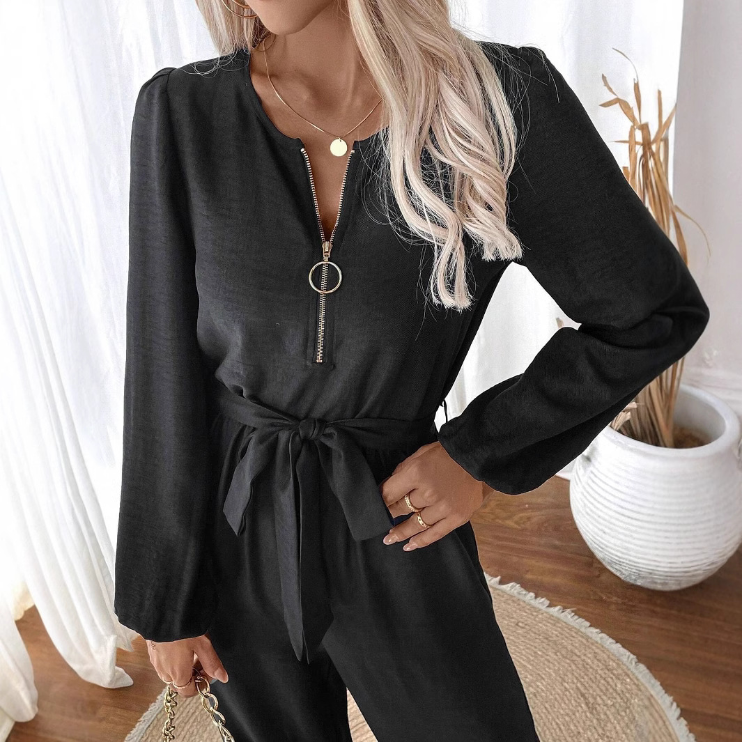 Women's Long Sleeve Belted Jumpsuit with Zip Round Neck and Straight Leg Pants