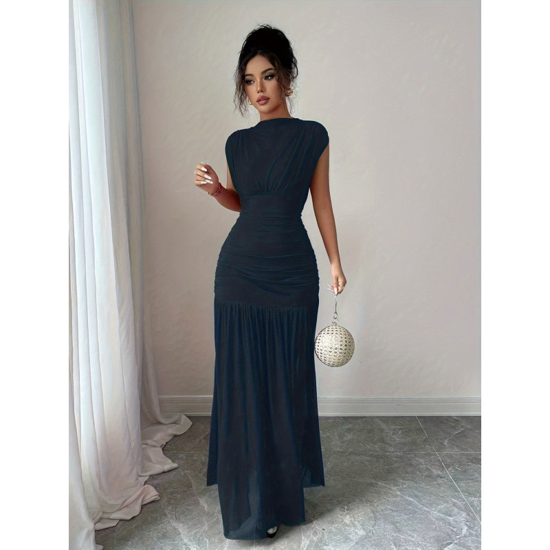 Women's Boat Neck Sleeveless Cutout Mesh Ruched Waist Long Dress