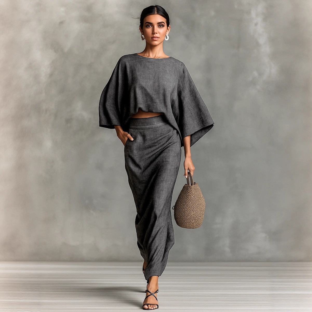 High-Waist Midi Skirt Set with Round-Neck Long-Sleeve Loose Top