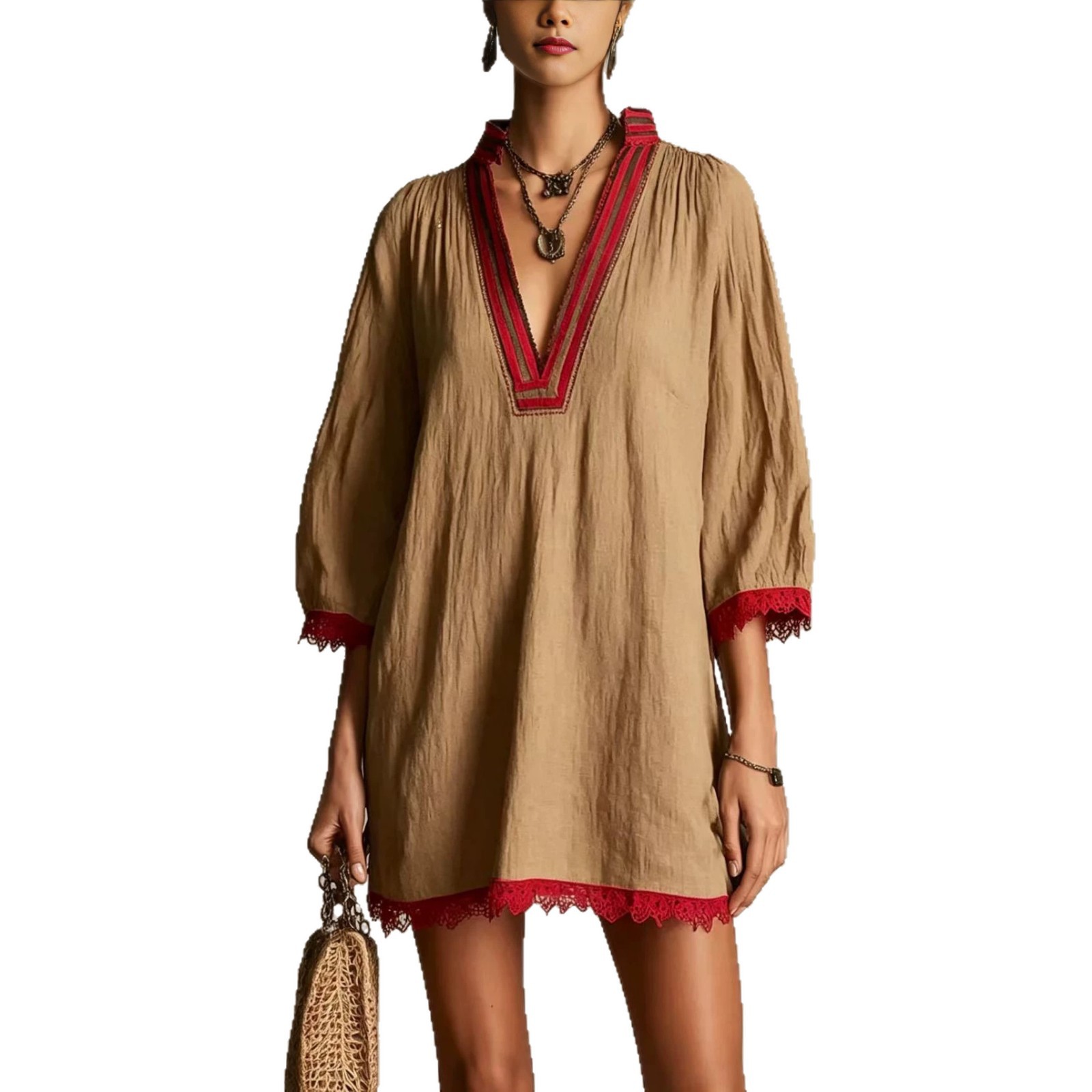 Striped V-Neck Lace Loose Straight Casual Dress
