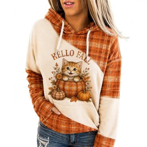 Plaid Cat & Pumpkin Print Hooded Sweatshirt for Women