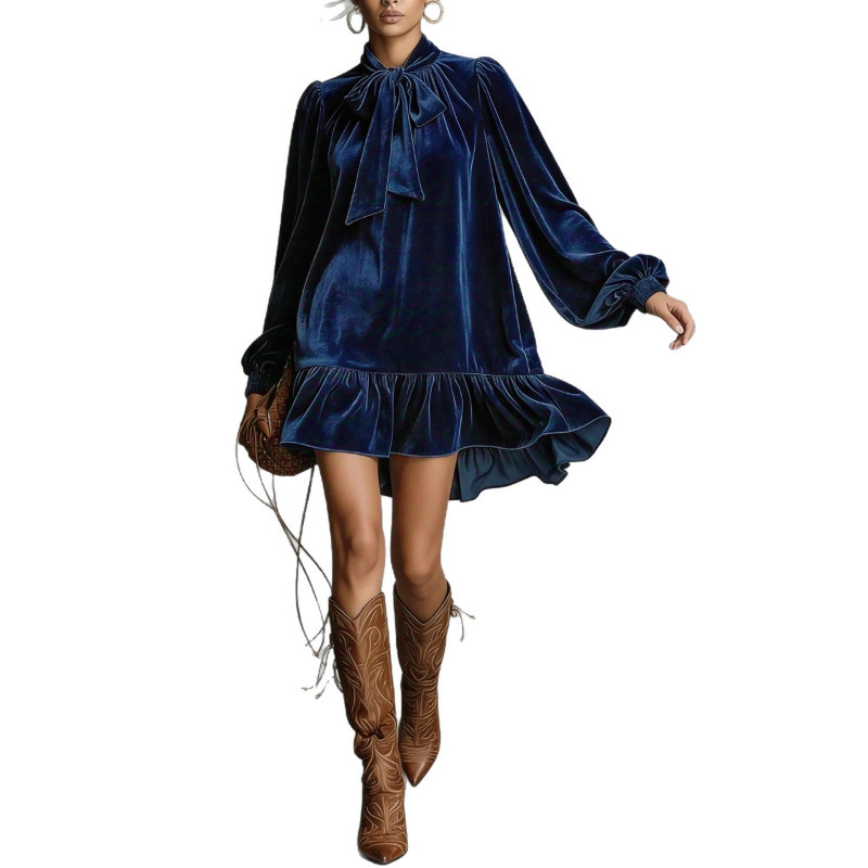 Women's Loose Long Sleeve Solid Color Midi Dress with Tie Neck and Lantern Sleeves