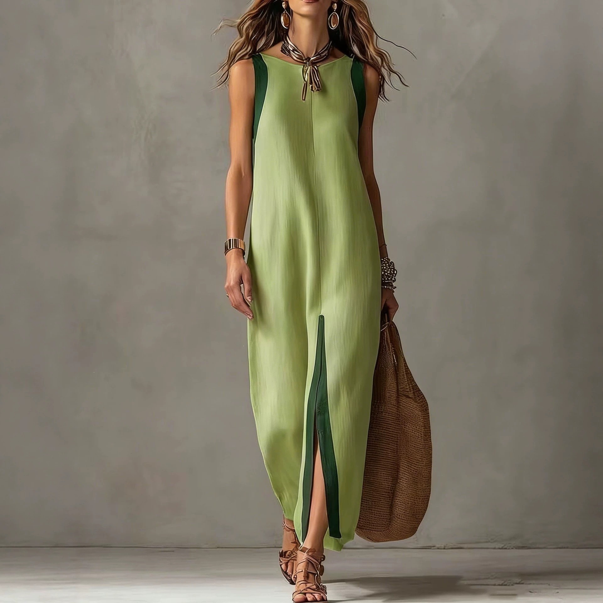 Women's Summer Casual Sleeveless Midi Dress Colorblock