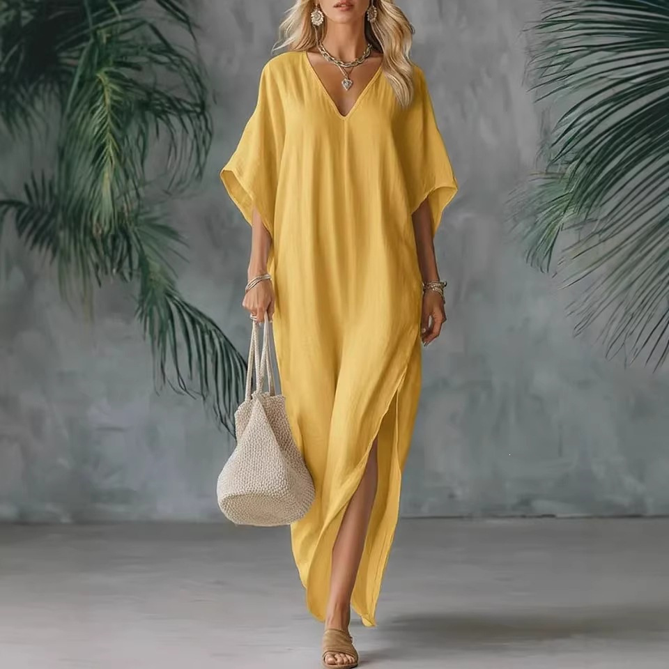 Women's Summer V-Neck Loose Casual Solid Color Dress