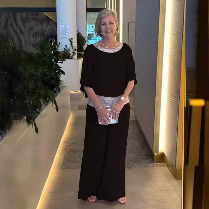Sequin Colorblock Batwing Sleeve Top & Wide-Leg Pants Set