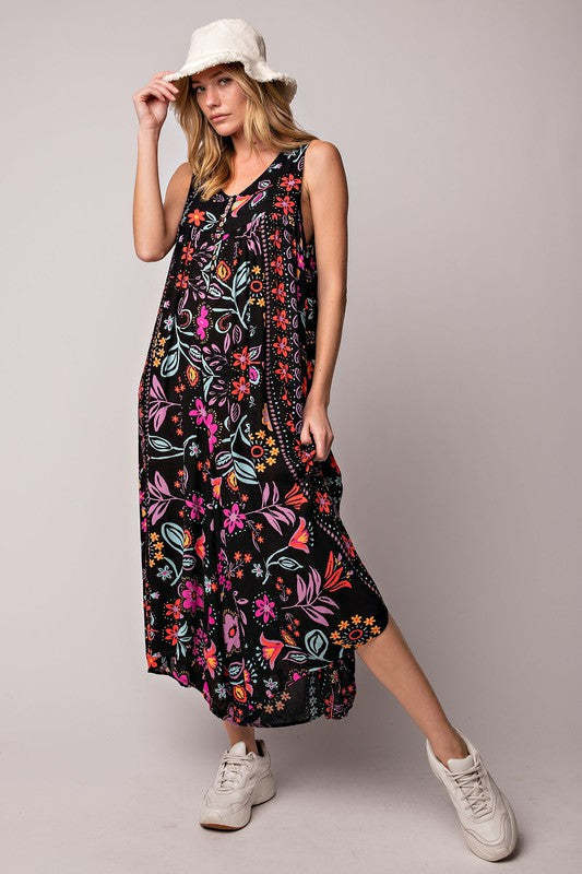 Retro Floral Print Loose Sleeveless Jumpsuit