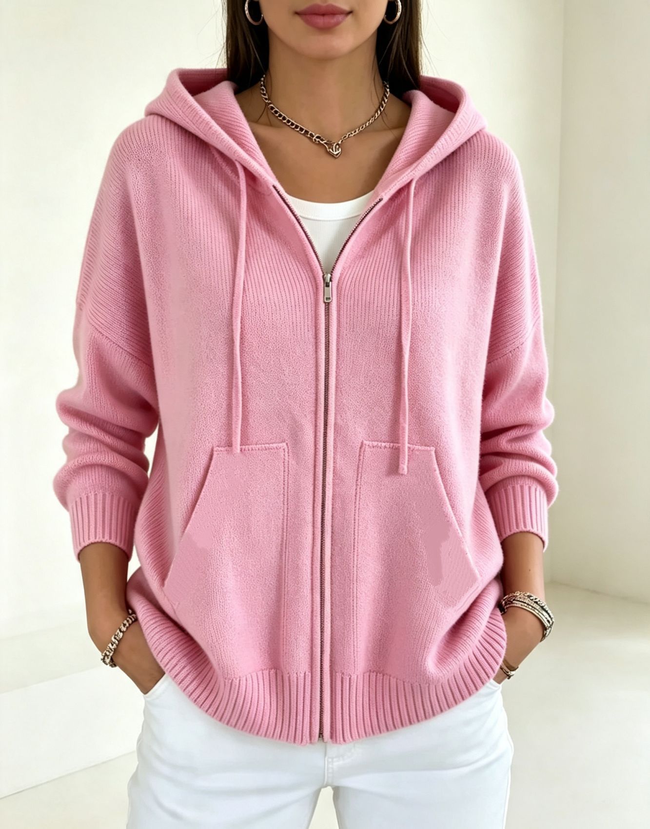 Women's Solid Hooded Zip-Up Knit Cardigan Loose Fit