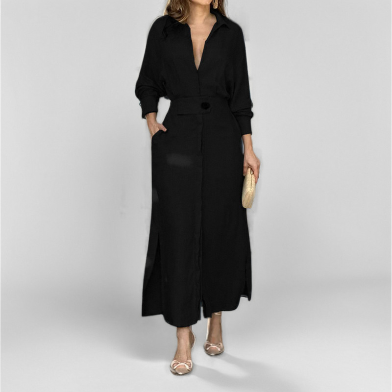 Women's Solid Tie-Waist Long Shirt Dress Commuter