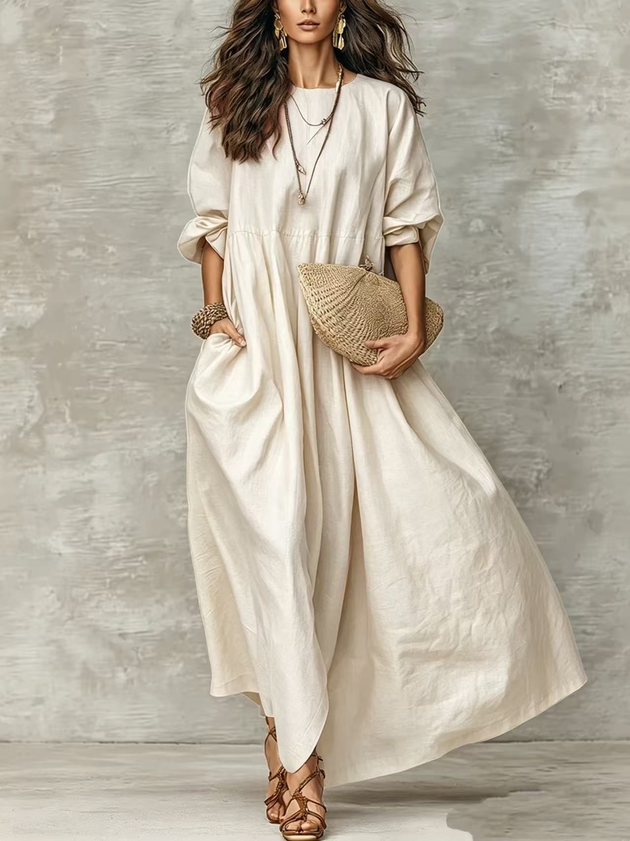 Crewneck Long Sleeve Loose A-Line Midi Dress with Pockets