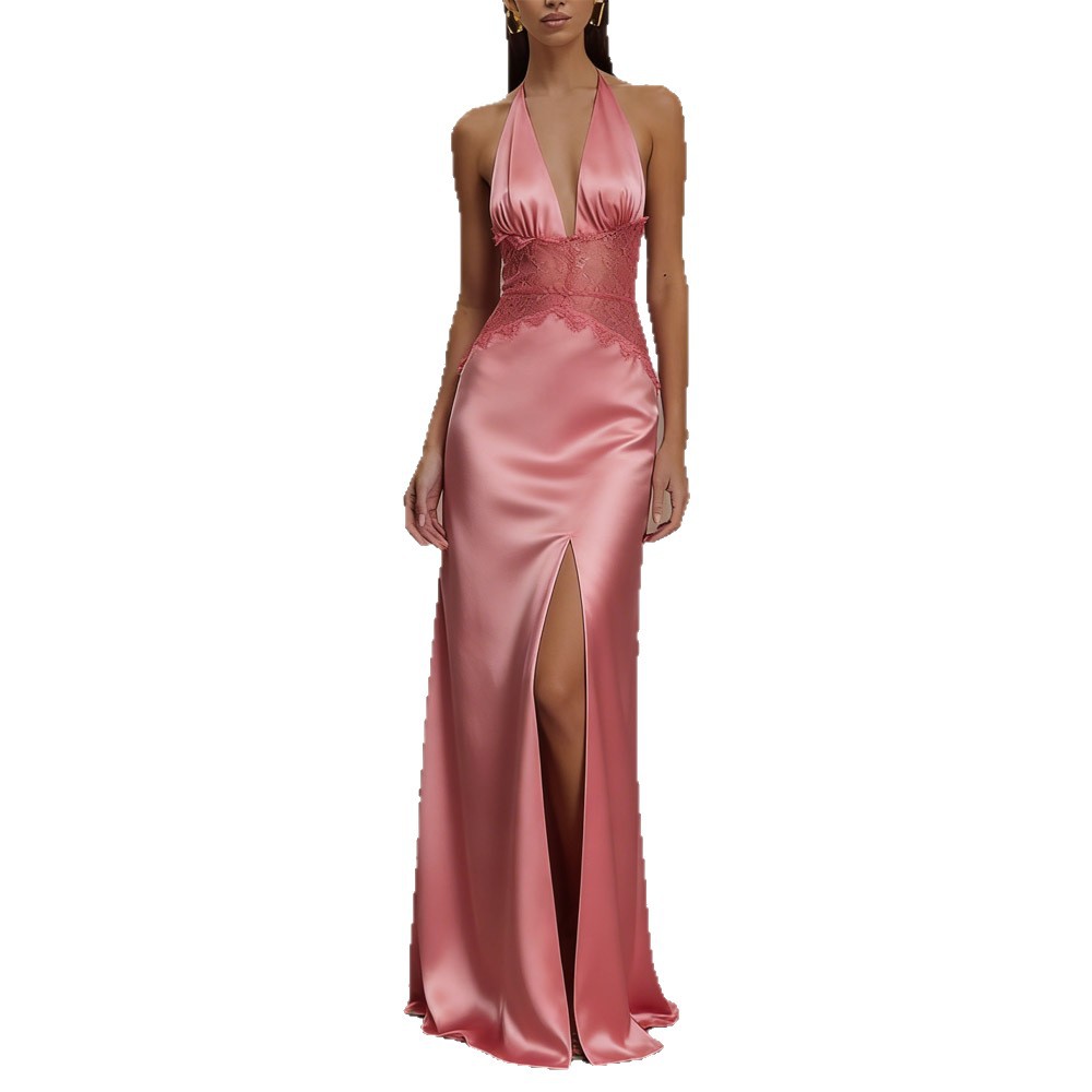 Women's Deep V Lace Sheer Backless Long Dress
