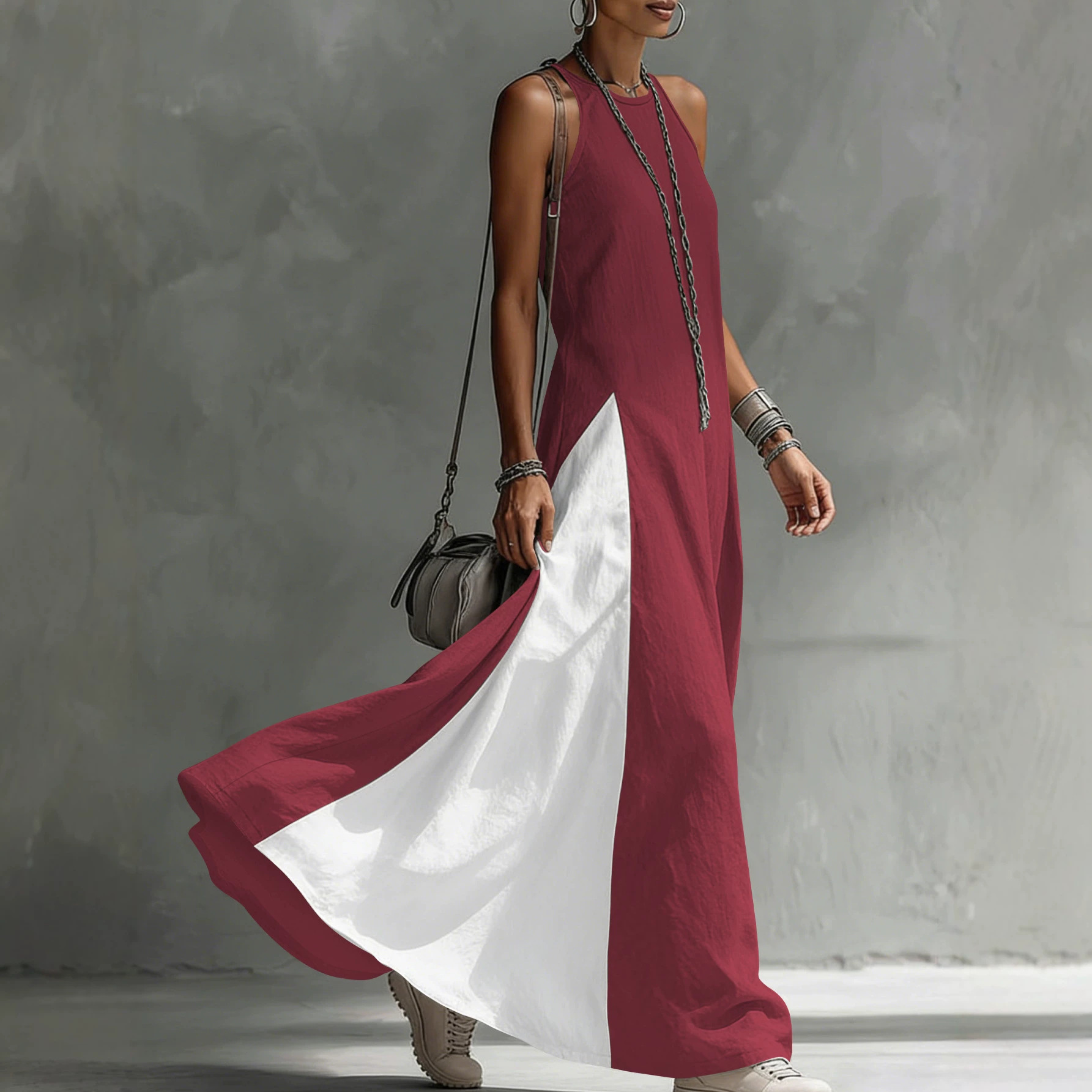 Color-Block Sleeveless Maxi Dress with Pockets
