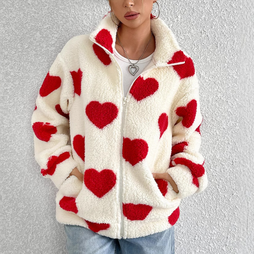 Fuzzy Heart Print Loose Long Sleeve Zip Cardigan Jacket
