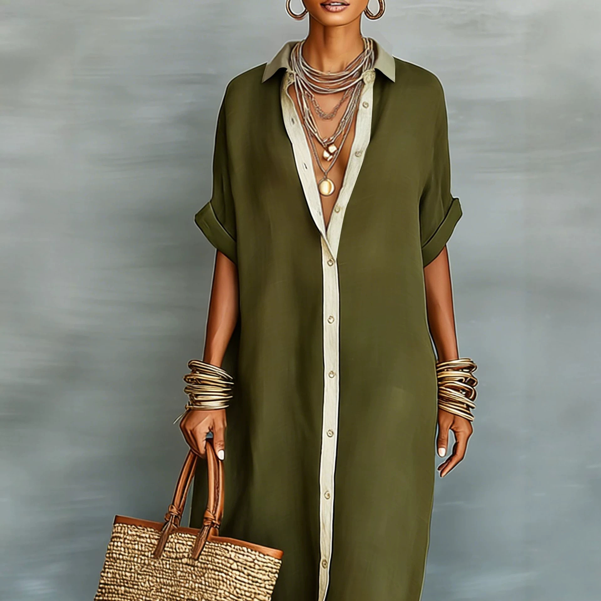 Women's Color Block Midi Shirt Dress Short Sleeve Casual