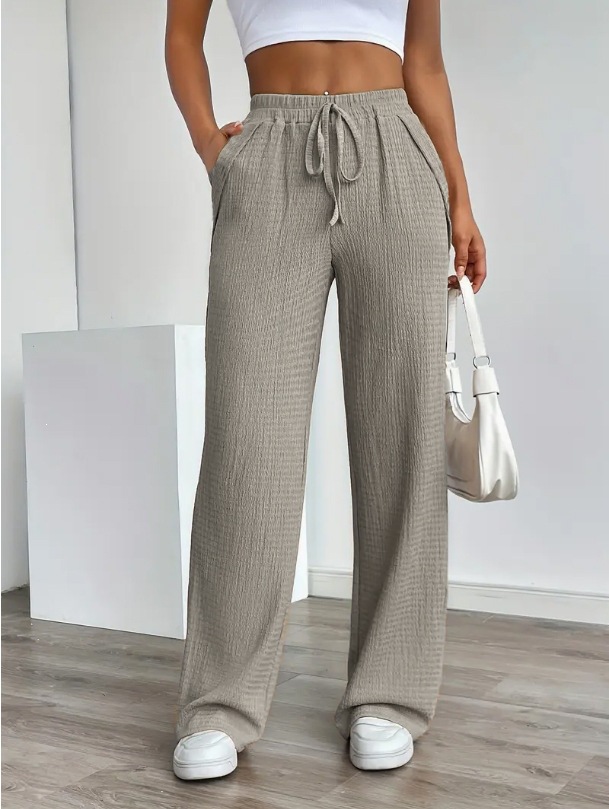 Women's Solid Pattern Loose Elastic Mid-Rise Drawstring Pocket Casual Straight Pants