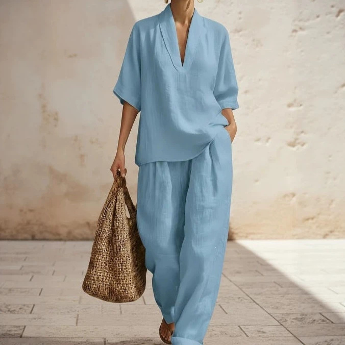 Women's Minimalist Linen Two-Piece Set Casual Solid Color