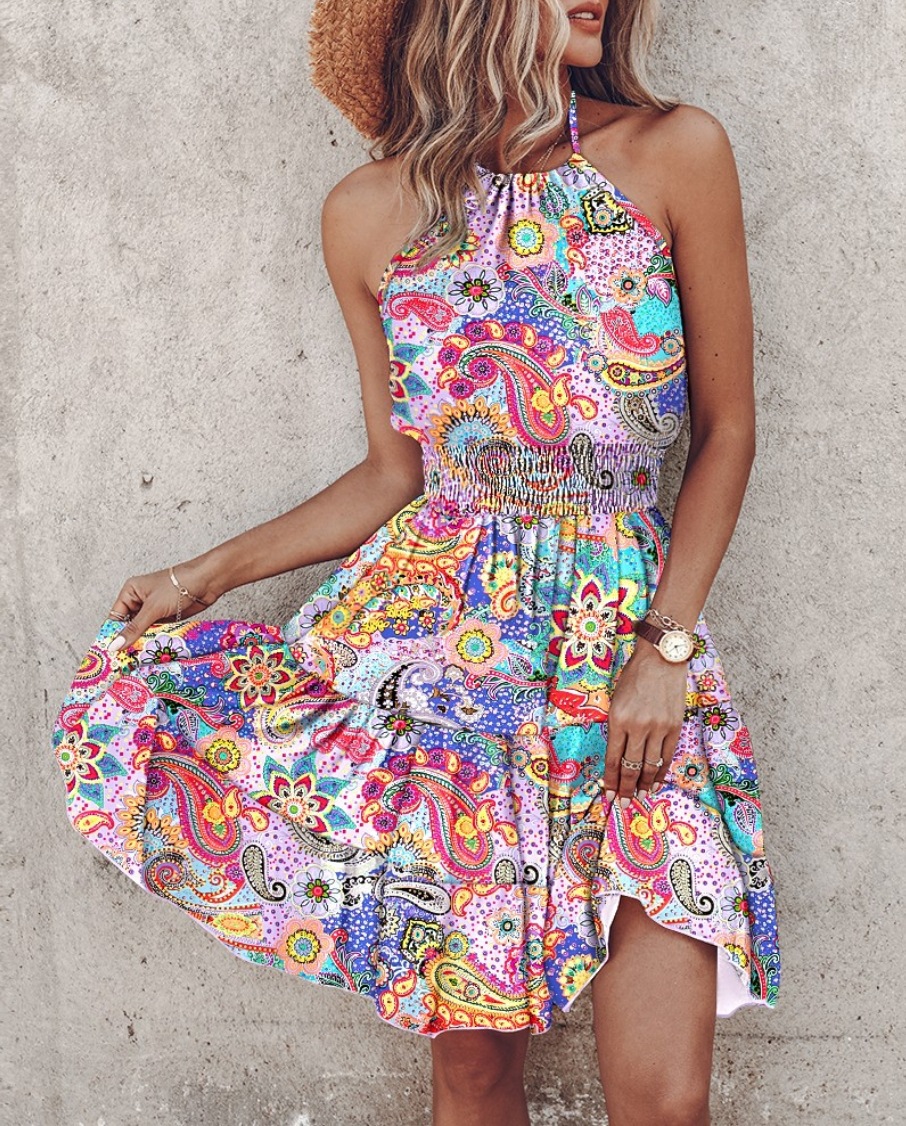 Women's Summer Halter Neck Dress Sexy Off-Shoulder A-Line Midi
