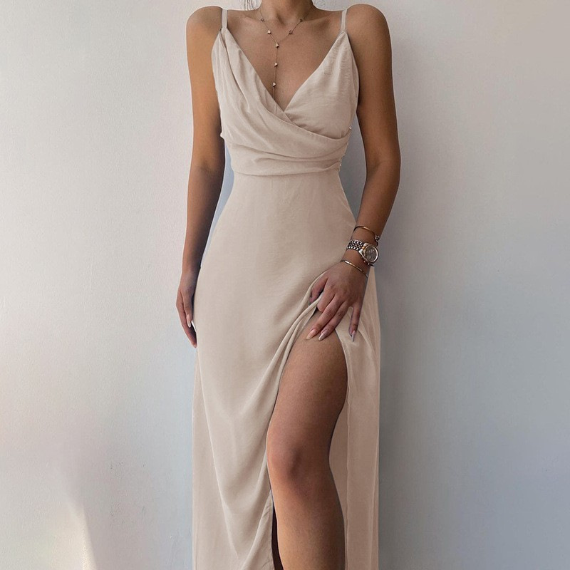 Sexy V-Neck Cami Dress with Slit Slim Fit