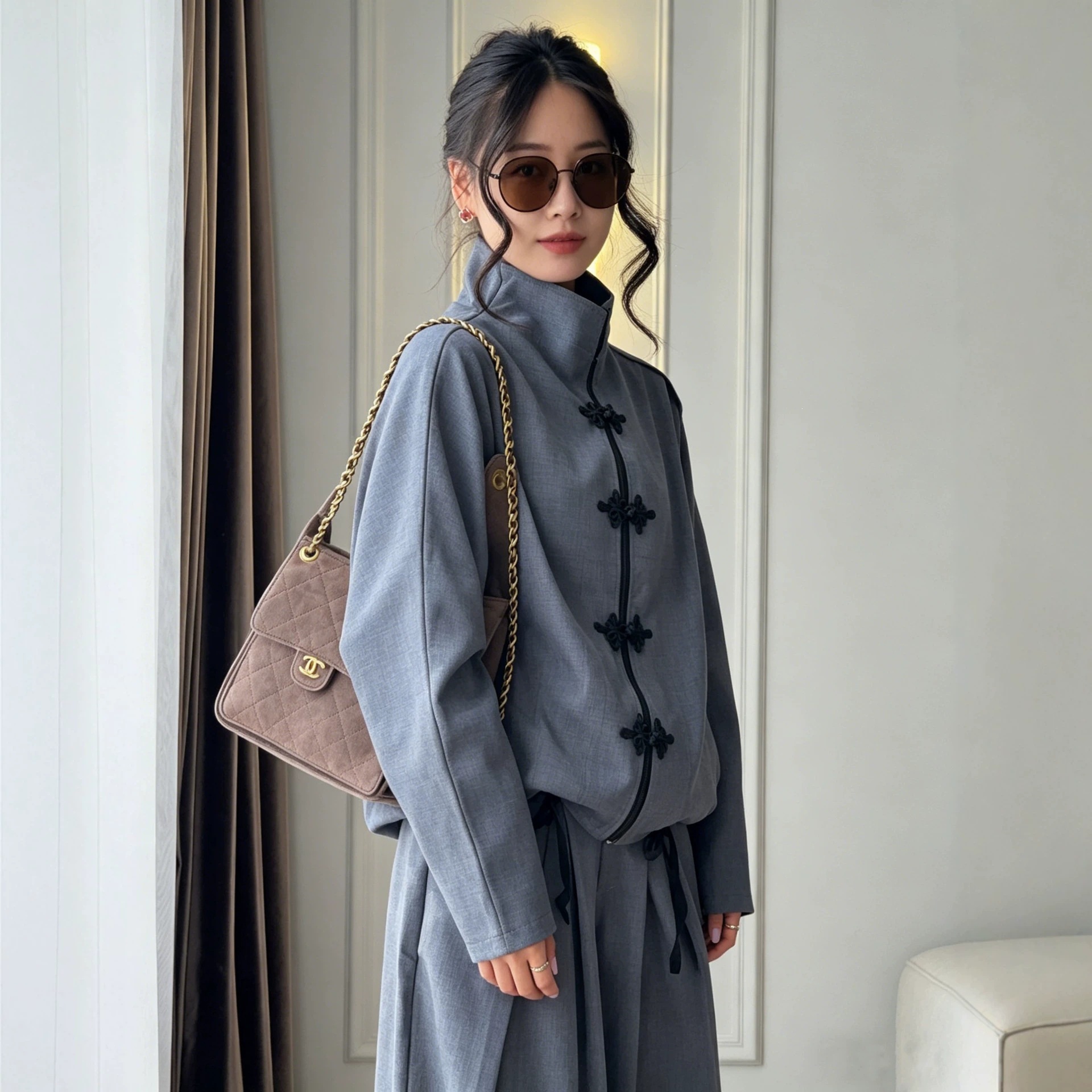 Chinese Style Frog Button Slim Fit Long Sleeve Jacket and Pants Set