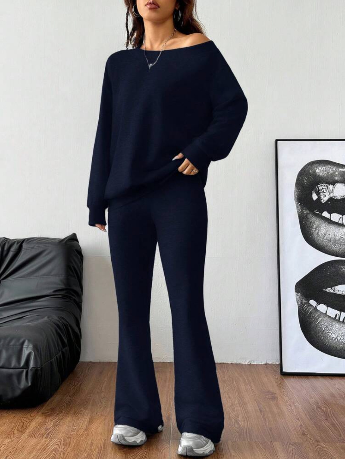Off-Shoulder Lounge Two-Piece Set with Loose Sweatshirt and Flared Pants