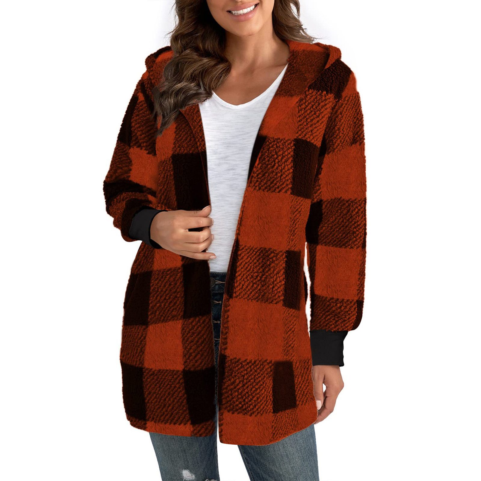 Women's Loose Plaid Fuzzy Cardigan Sweater
