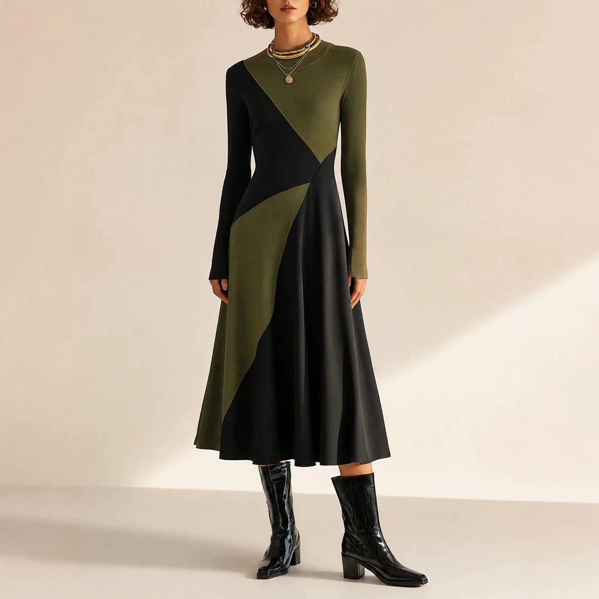 Black and Green Colorblock Long Sleeve Stand Collar Waist-Cinched Maxi Dress