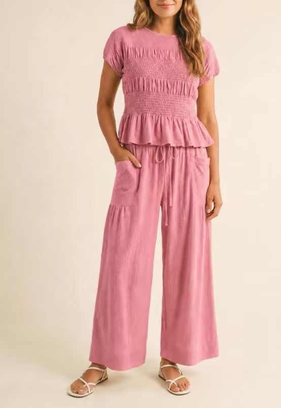 Women's Solid Color Smocked High Waist Wide Leg Pants Short Sleeve Casual Two-Piece Set