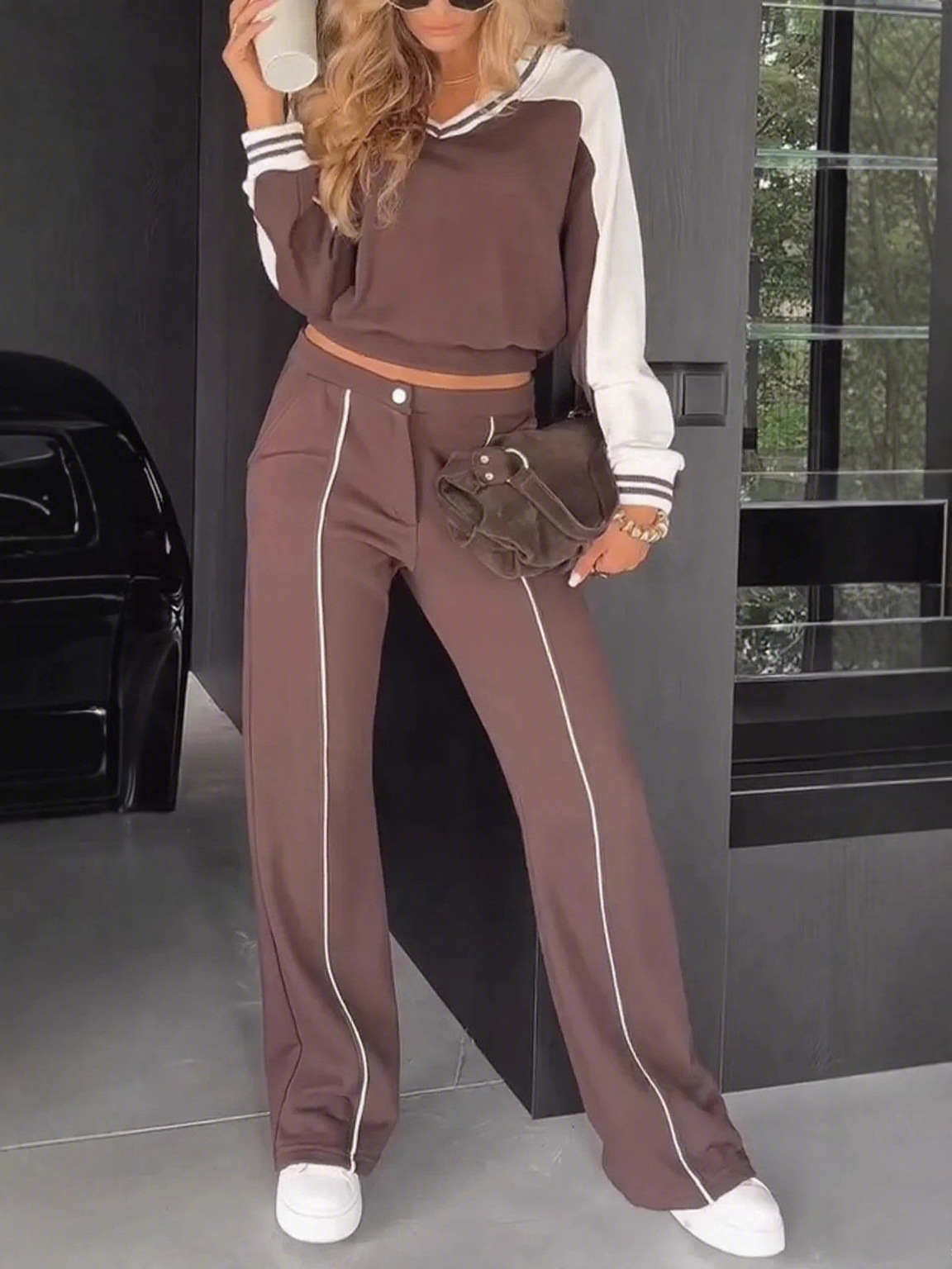 V-Neck Colorblock Striped Long Sleeve Top & Pants Set